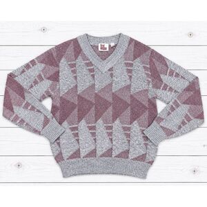 Vintage First Landing V-Neck Sweater Geometric Knit Grandpa Core 90s Mens L 4732